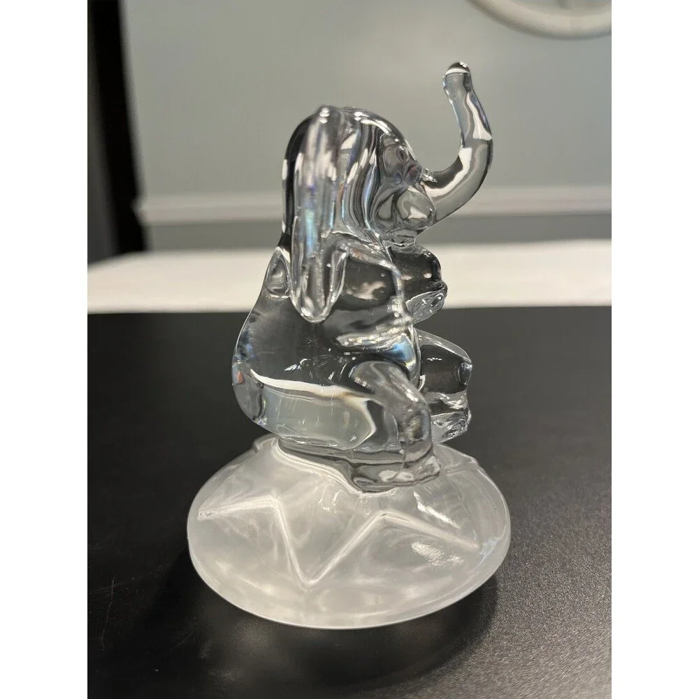 Crystal Glass Baby Elephant Trunk Up Sitting on a Star Figurine Paperweight